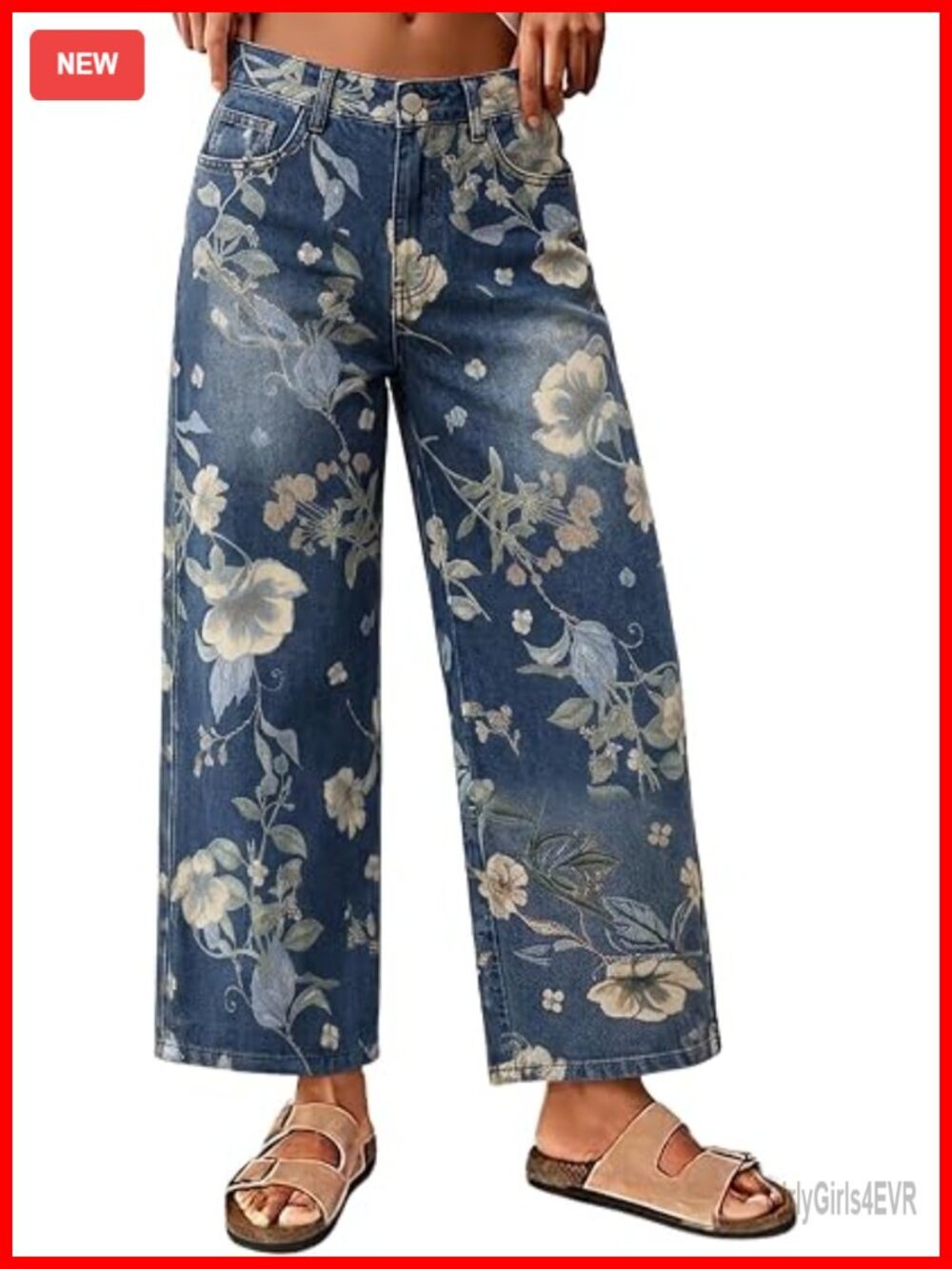 Wide Leg Cropped Floral Jeans Mid Rise Boho Denim Pants with Pockets